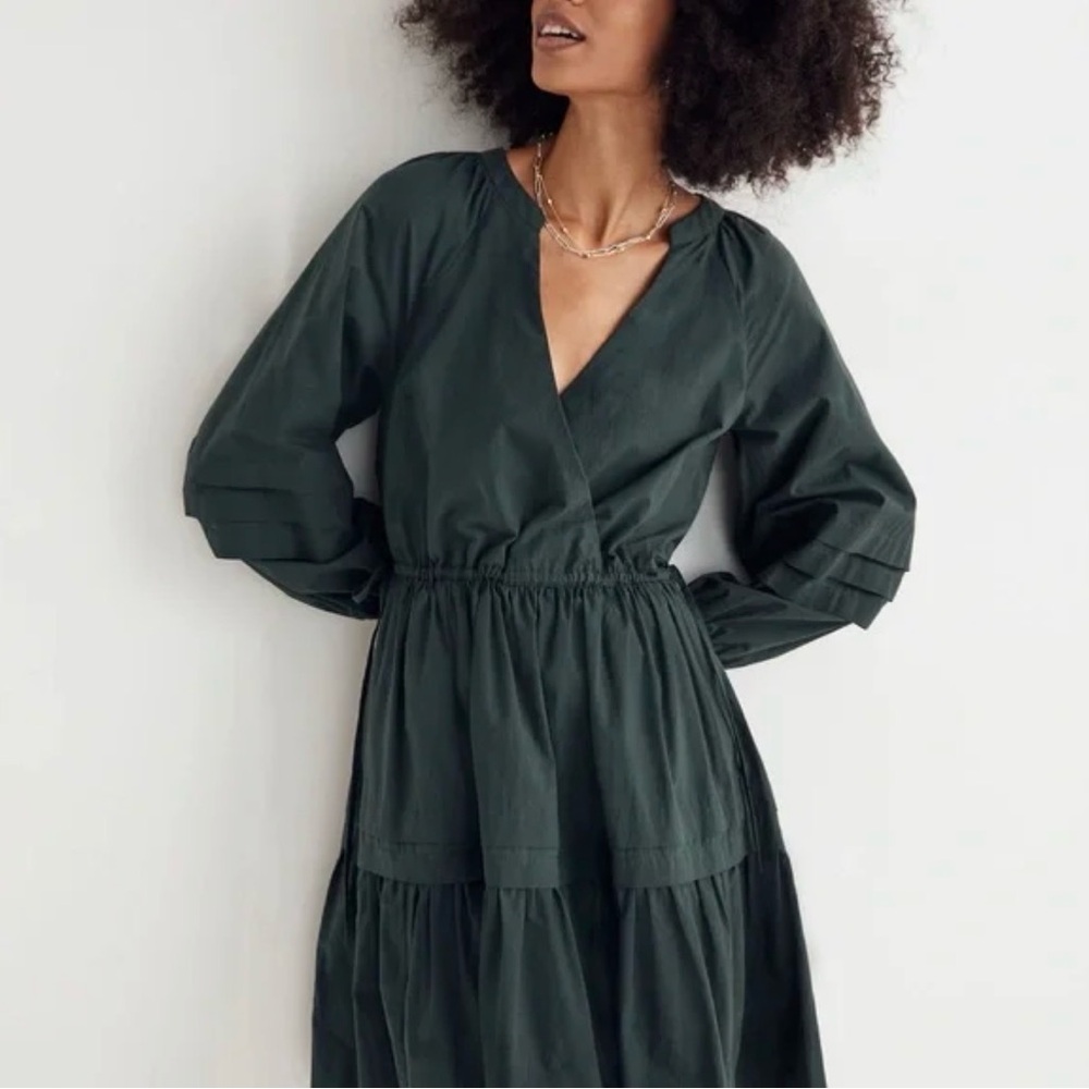 Madewell Forest Green Crinkle Poplin Wrap Dress